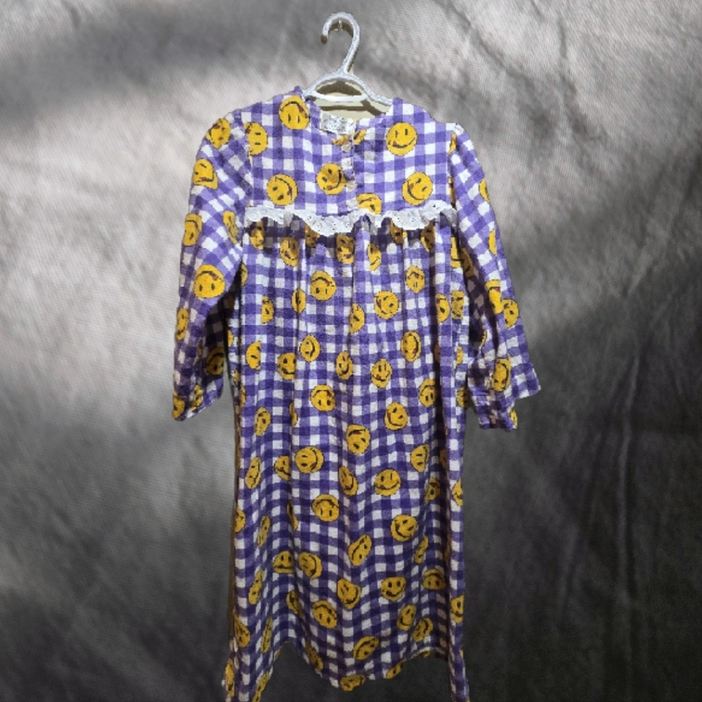 Vintage Homemade Smiley Face Gingham Nightgown Coquette, Whimsygoth, Cottagecore